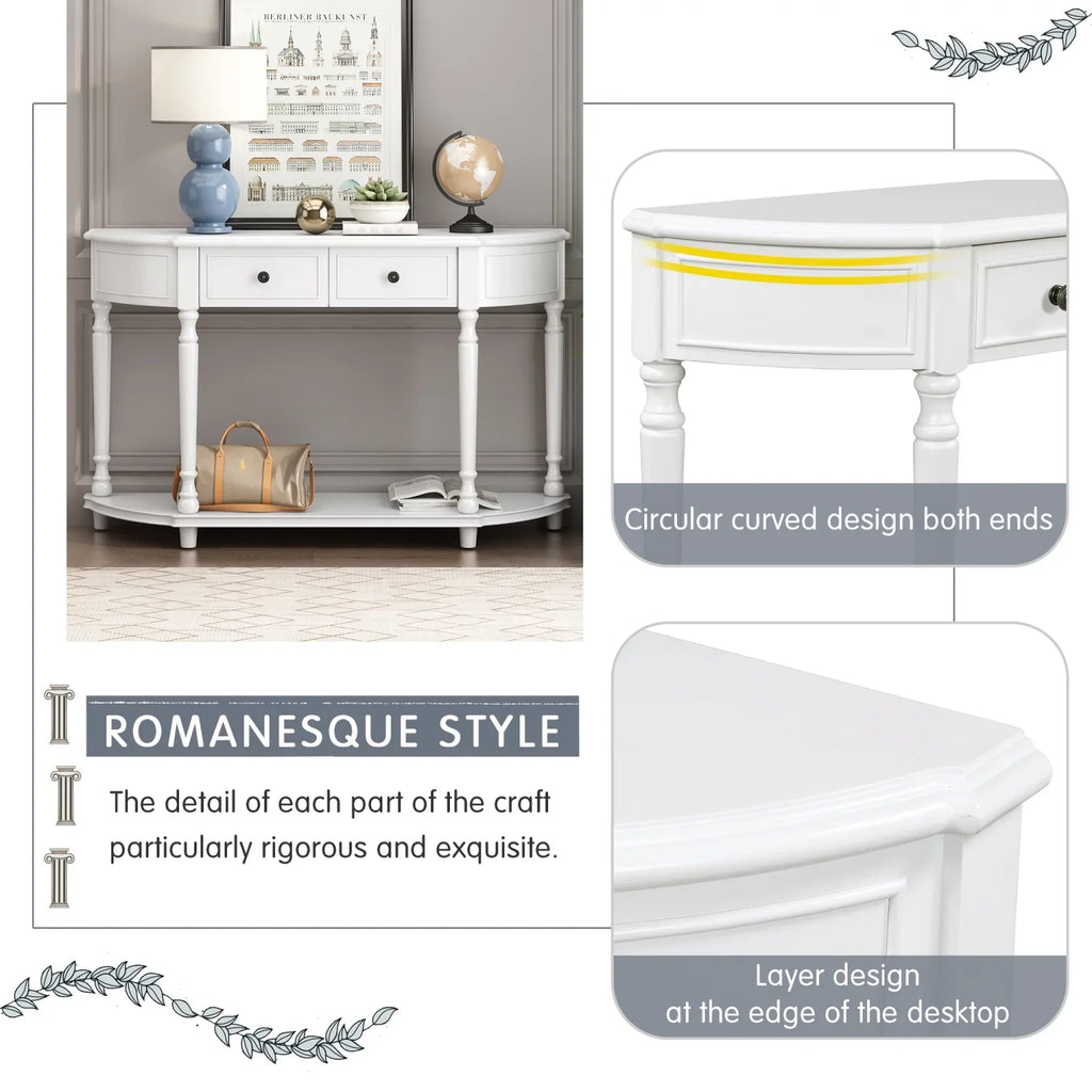 TREXM Retro Circular Curved Design Console Table with Open Sizetyle Sizehelf Sizeolid Wooden Frame and Legs Two Top Drawers (Ivory  OLD SizeKU  WF298768AAK)