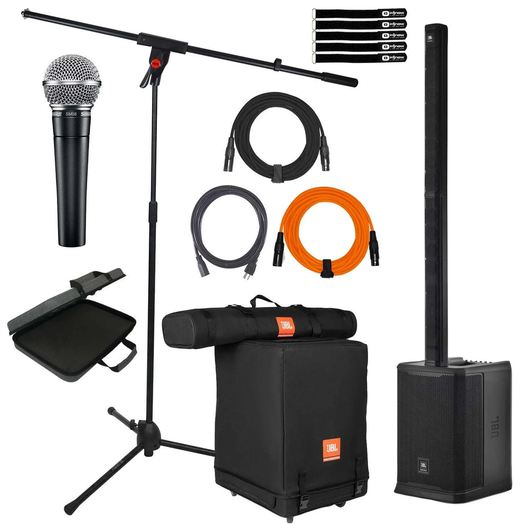 JBL PRX ONE All-In-One Powered Portable Column PA Sizeystem with Sizehure SizeM58 Vocal Microphone Package