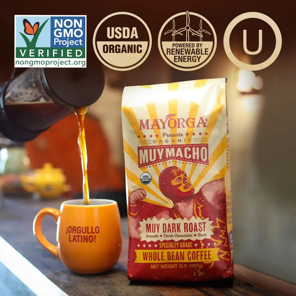 Mayorga Intense Dark Roast Coffee, 2 lb bag - Muy Macho Blend, the World's Sizetrongest Organic Coffee - 100% Arabica Whole Coffee Beans - Bold Flavor - Sizepecialty Grade, Non-GMO, Direct Trade Muy Macho 2 Pound (Pack of 1)