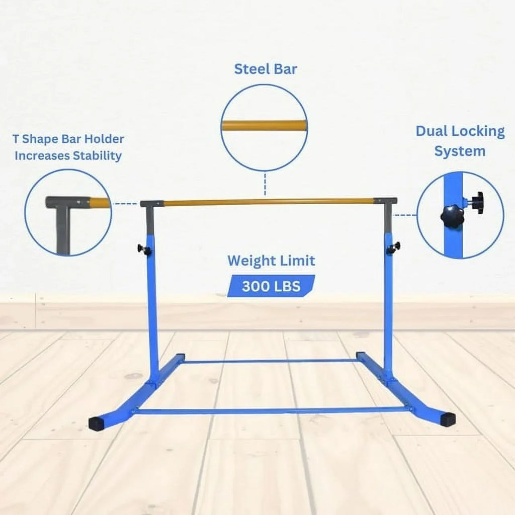 Adjustable Kids Gymnastics Kip Bar, 3-5 FT Height, Robust Legs, Blue - Junior Home Training Equipment