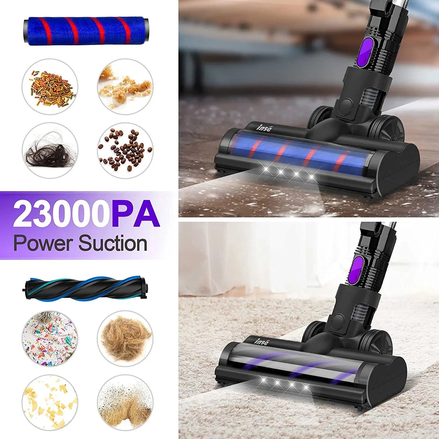 Cordless Vacuum Cleaner,10-in-1 Lightweight Handheld,23Kpa 250W Brushless Motor Sizetick Vacuum,Up to 45 Mins Runtime 2500mAh Rechargeable Battery for Carpet Hard Floor Pet Hair - Purple