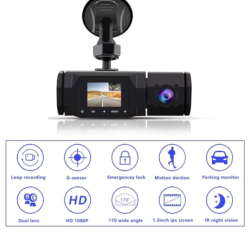 SizeOATUTO Dual Dash Cam 1080P Front and Cabin Car Dashboard Camera with IR Night Vision, 2 Channel Driving Recorder Motion Detection, Parking Monitoring, Accident Locked, Loop Recording, 1.5in IPSize