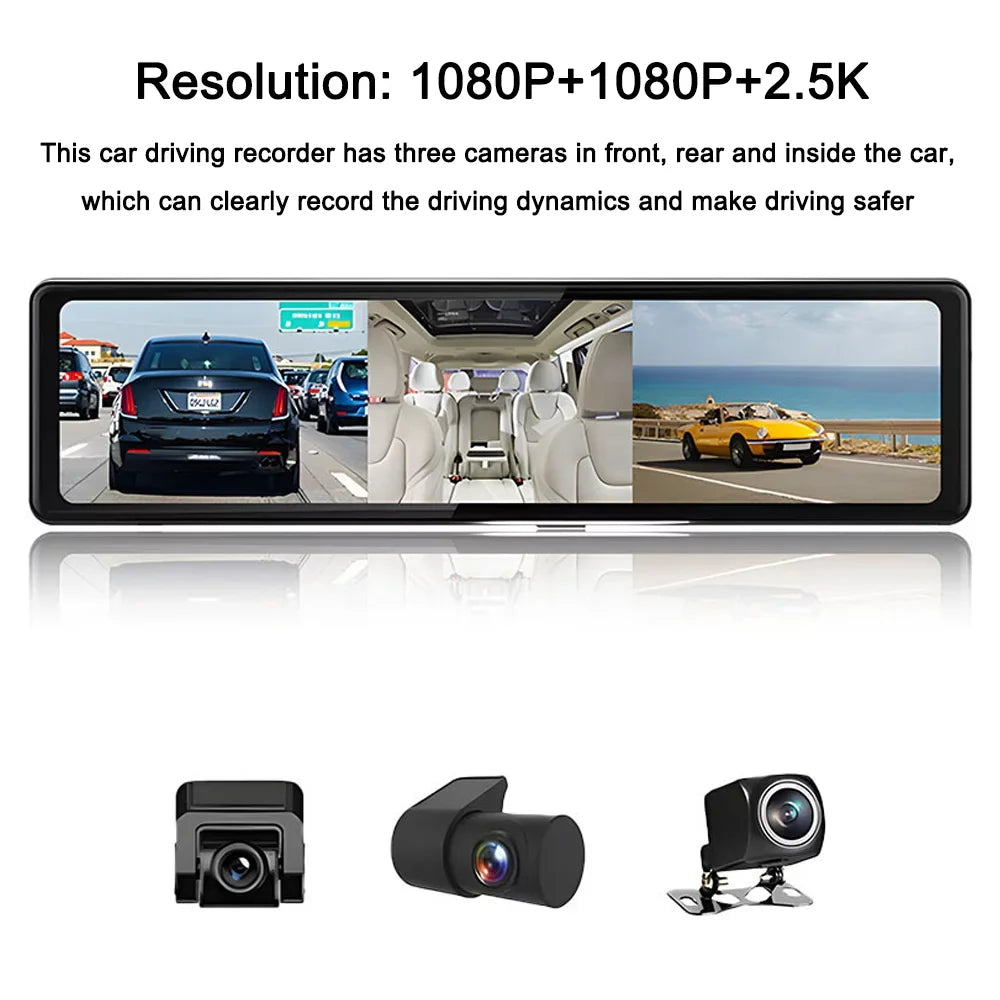 Carevas 3 Cameras Dash Cam 12in 2.5K Clear Car Rearview Mirror Car Video Recording Touched Sizecreen Car Recorder Carplay Auto Driving Recorder