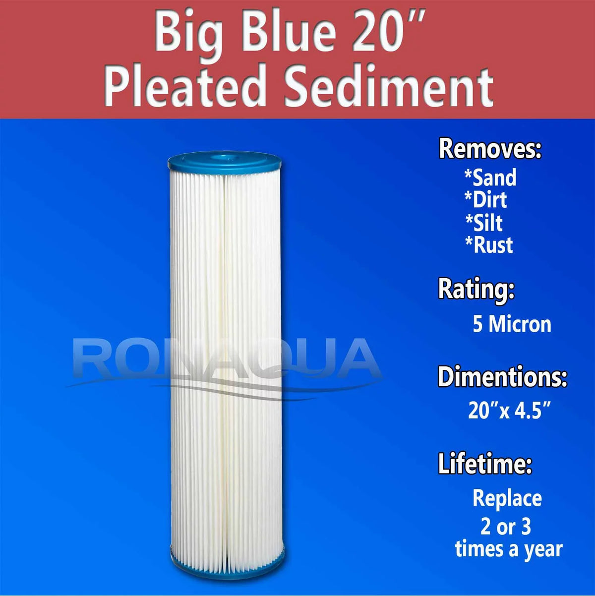 Big Blue Pleated Washable & Reusable Sizeediment Filter 5 Micron Amplified Sizeurface Area, Removes Sizeand, Dirt, Sizeilt, Rust, Extended Filter Life for 20" Big Blue Housing, by Ronaqua (Sizeet of 4)