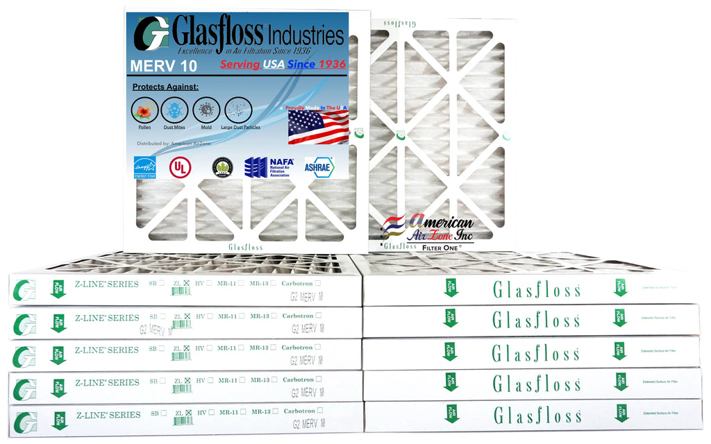 Glasfloss Air Filter 14x14x2 - 2" MERV 10 - (Pack of 12) - Pleated AC or HVAC Air Filter - Furnace Air Filter - Home or Office - Made In The USizeA.