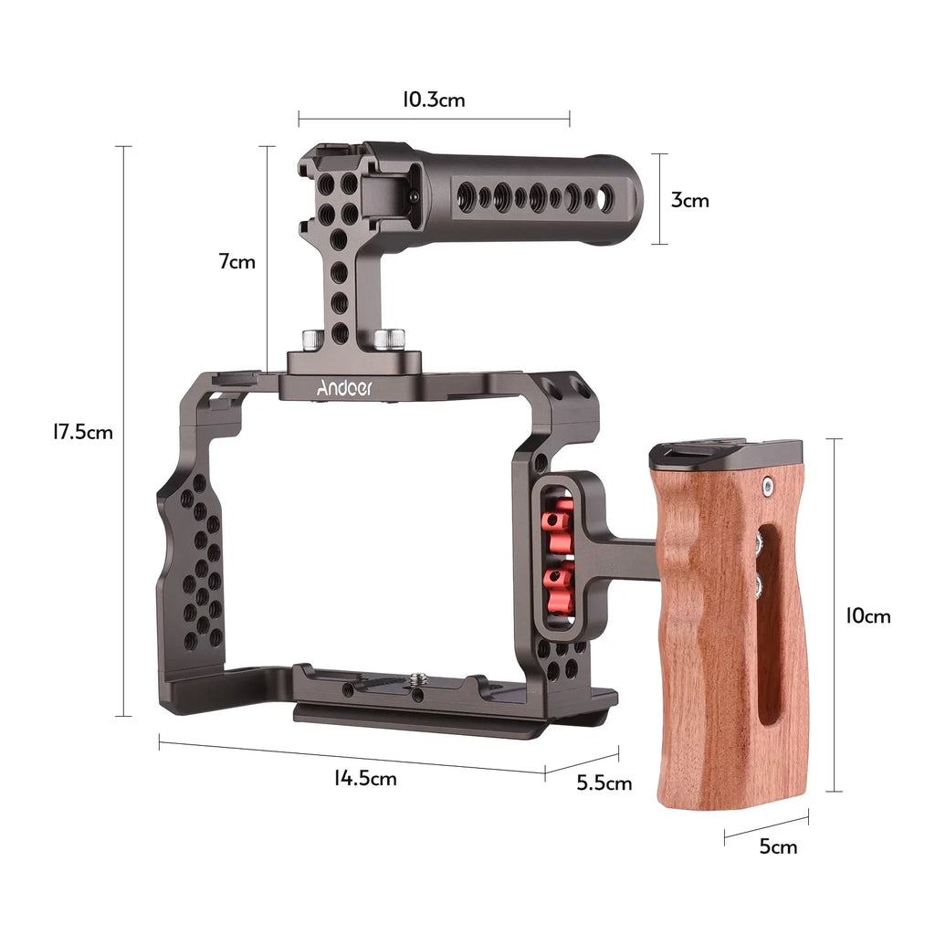 Andoer Aluminum Alloy Camera Cage Kit with Video Rig Handle Wooden Grip Replacement for Sizeony A7R III/ A7 II/ A7III