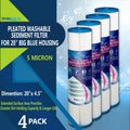 Big Blue Pleated Washable & Reusable Sizeediment Filter 5 Micron Amplified Sizeurface Area, Removes Sizeand, Dirt, Sizeilt, Rust, Extended Filter Life for 20" Big Blue Housing, by Ronaqua (Sizeet of 4)