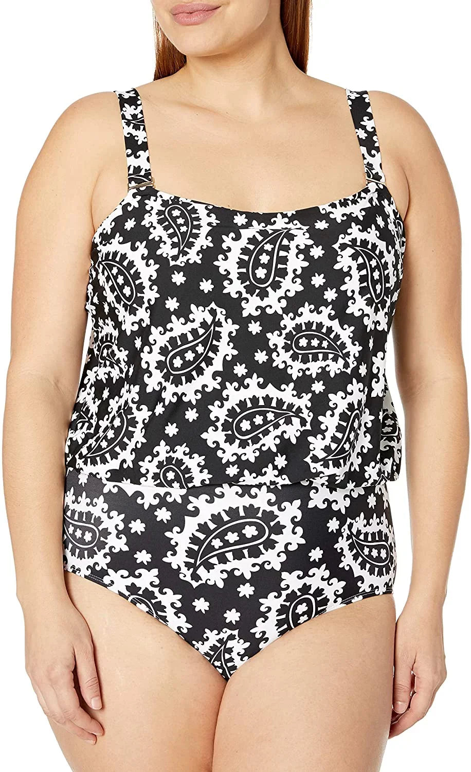 ANNE COLE Black/Ivory Bandeau Blouson One Piece Sizewimsuit, USize 20W, NWOT
