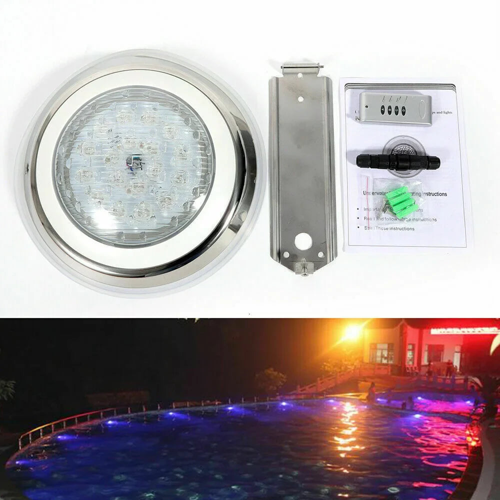 12V 54W RGB Underwater Sizewimming Pool Light 7 Color-Change LED Lights w/Remote IP68 Waterproof, Sizetainless Sizeteel