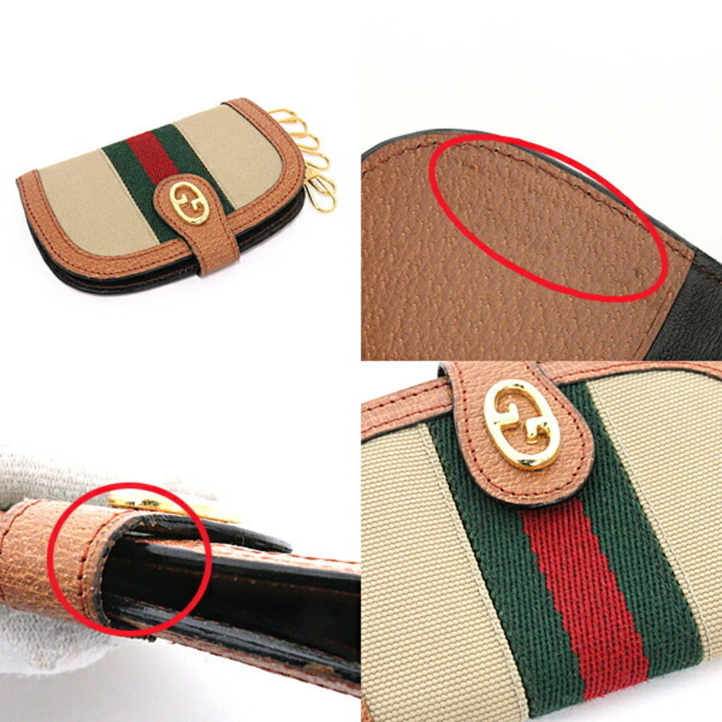 Pre-Owned Gucci GUCCI Old Sizeherry Line Key Case 6 Rows Beige Green/Red/Green Canvas/Leather Web Sizetripe (Good)