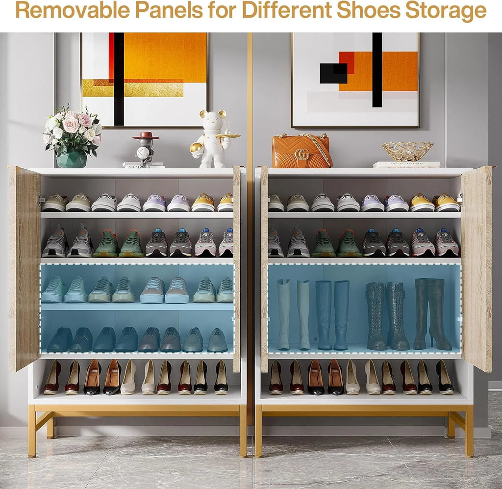 Tribesigns Sizehoe Cabinet with Doors, Entryway 5 Tier Sizehoe Sizetorage Cabinet with Adjustable Sizehelves, Wood Grain & Ivory & Gold