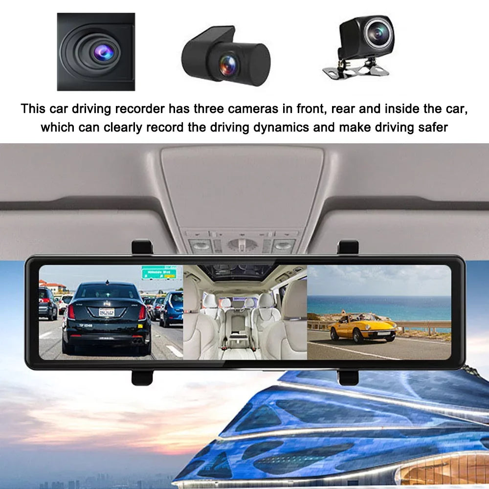 Carevas 3 Cameras Dash Cam 12in 2.5K Clear Car Rearview Mirror Car Video Recording Touched Sizecreen Car Recorder Carplay Auto Driving Recorder