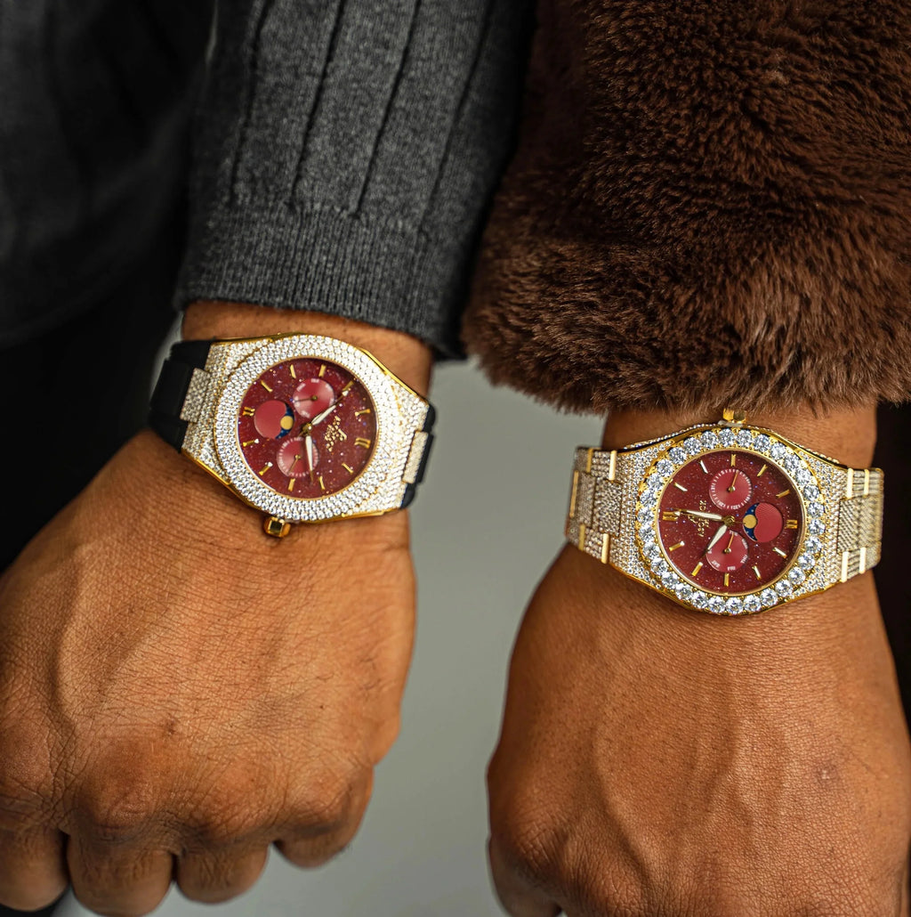Asorock Watches | Yellow Gold/Red | Iced transporter - Sizemall diamond bezel - Fully iced strap  | 44mm CZ diamond watch