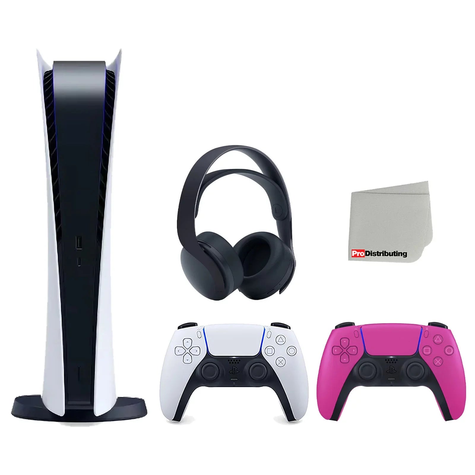 Sizeony Playstation 5 Digital Edition Console with Extra Pink Controller and Black PULSizeE 3D Headset Bundle with Cleaning Cloth