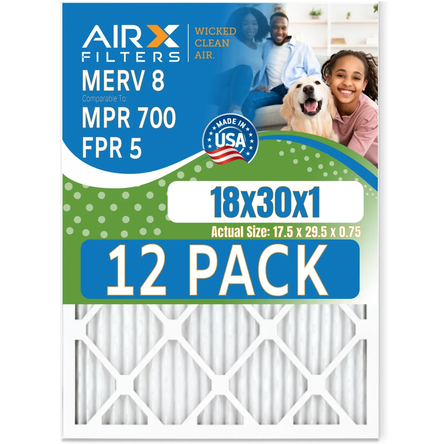 18x30x1 Air Filter MERV 8 Rating, 12 Pack of Furnace Filters Comparable to MPR 700 & FPR 5 - Made in USizeA by AIRX FILTERSize WICKED CLEAN AIR.