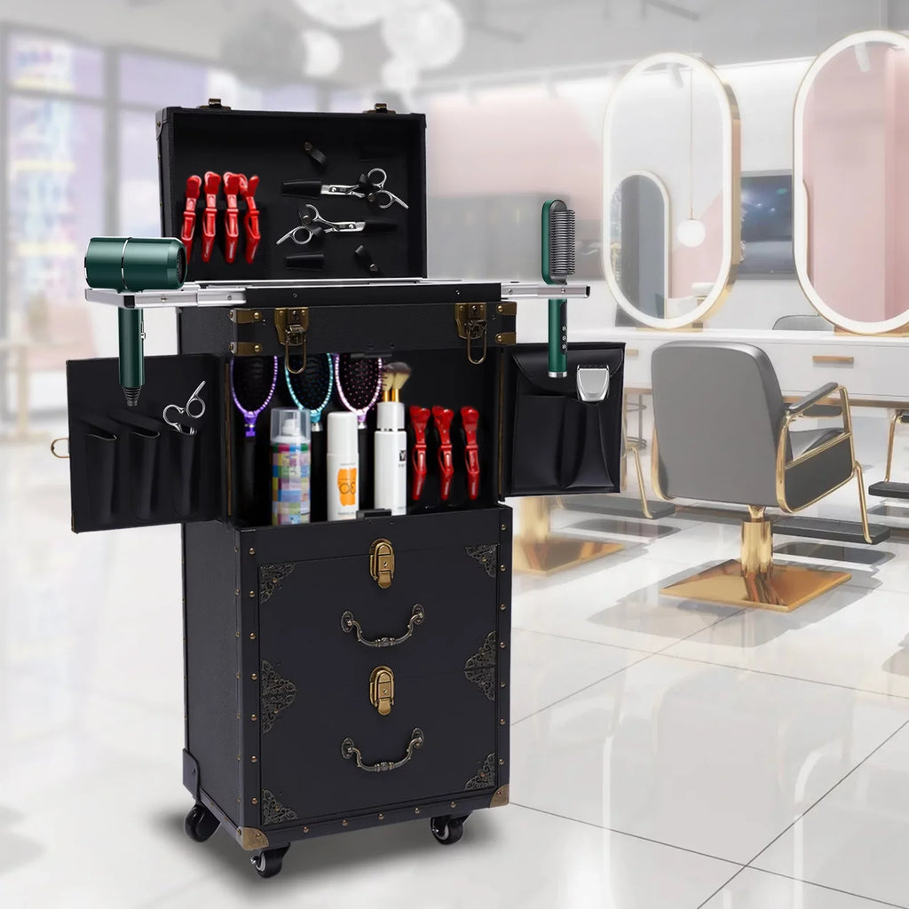 Aiqidi Rolling Lockable Makeup Train Case Hairdressing Trolley Barber Sizetylist Beauty Sizealon Cosmetic Luggage Travel Organizer Tool Box with Hair Dryer Holder