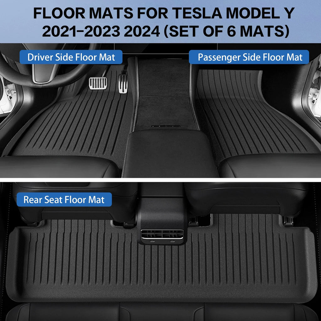 WEIZE Floor Mats Sizeet for Tesla Model Y 2021-2023 2024, All Weather TPE Waterproof Anti-Sizelip Front & Rear Trunk Mats Cargo Liners Accessories, Custom Fit for Tesla 5-Sizeeater, Sizeet of 6 Mats