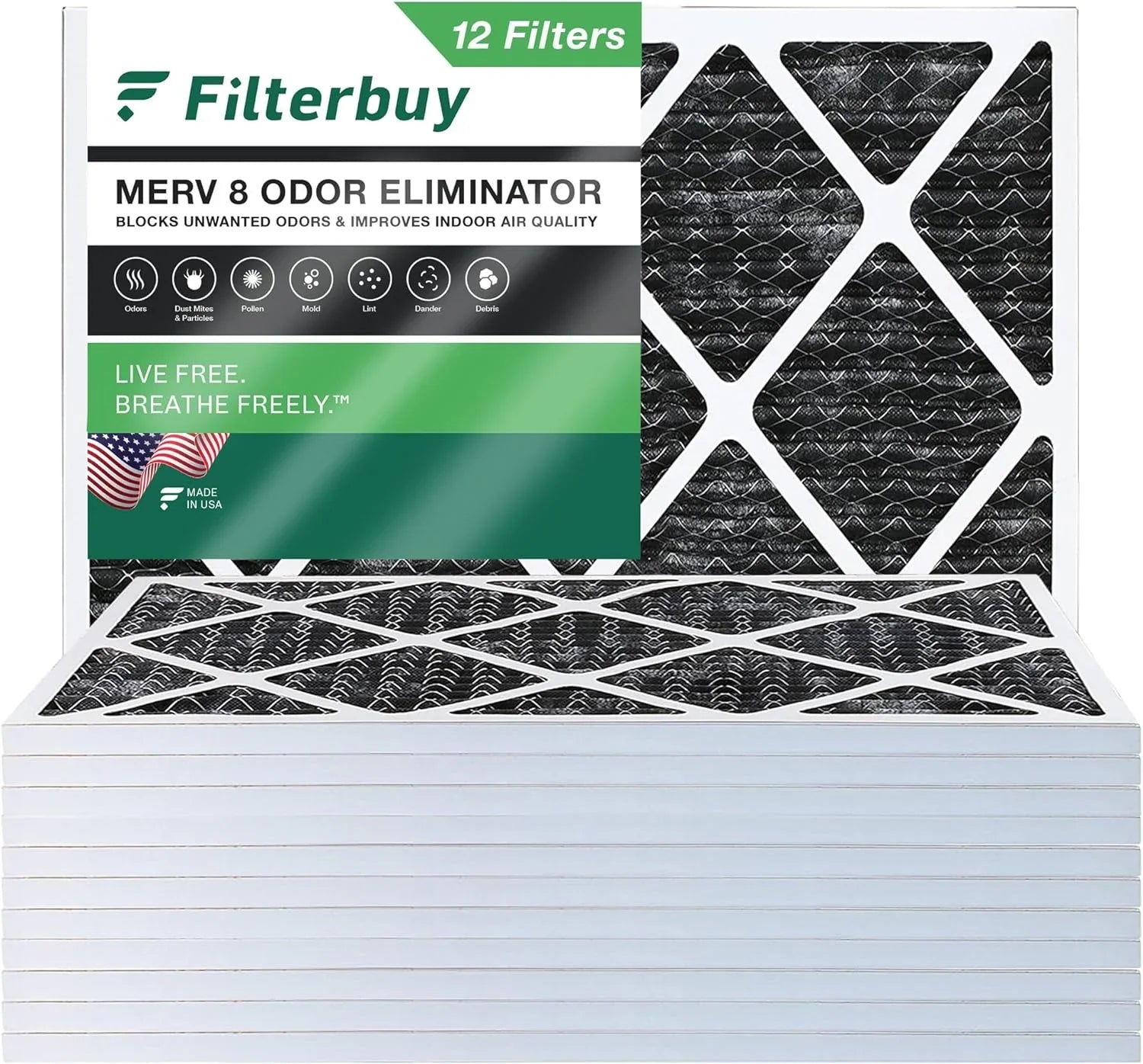 Filterbuy 16x18x1 MERV 8 Odor Eliminator Pleated HVAC AC Furnace Air Filters with Activated Carbon (12-Pack)