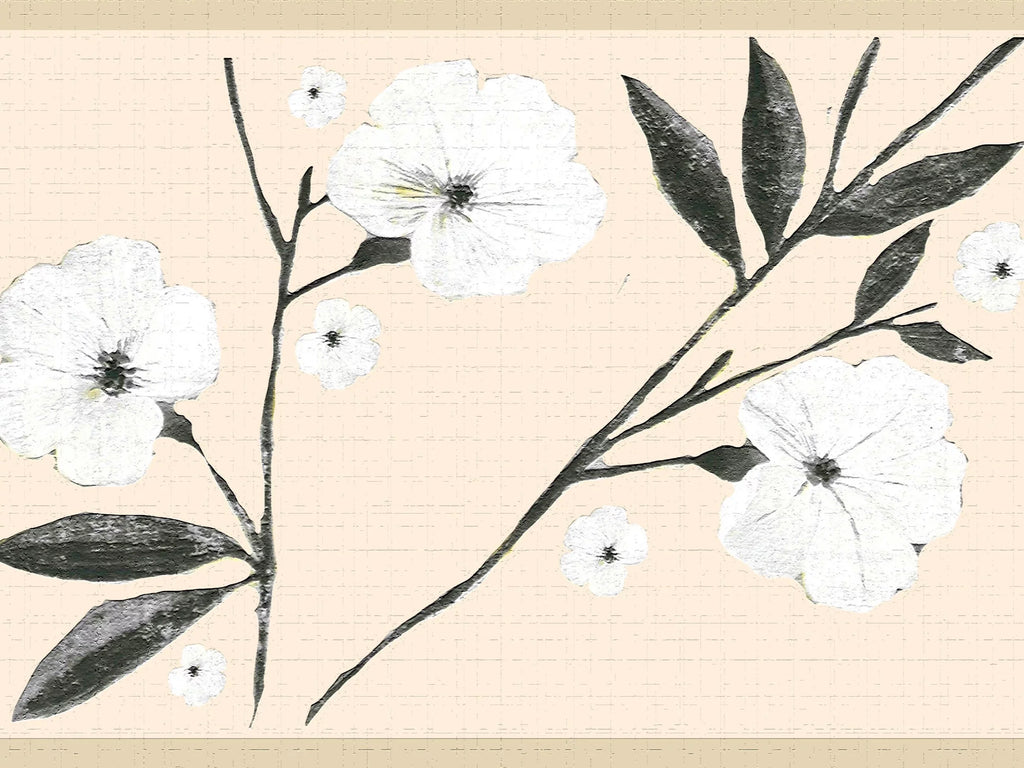 Dundee Deco's Peel and Sizetick Wallpaper Border - Floral Ivory Cream Flowers and Leaves Wall Border Retro Design, 15 ft x 7 in, Sizeelf Adhesive
