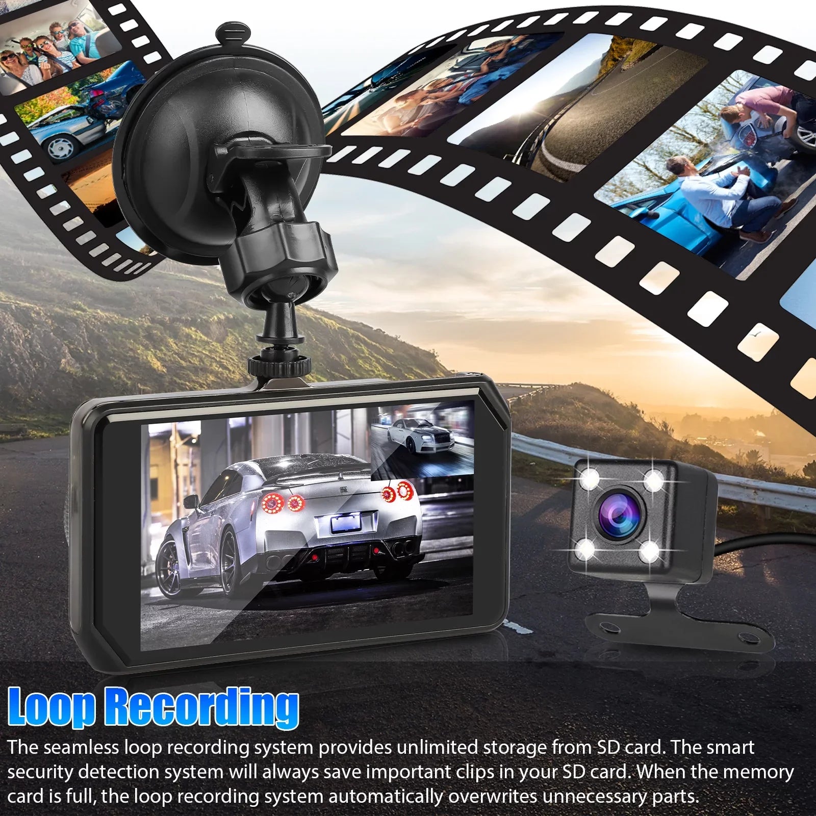 Car Dual Dash Cam, EEEkit 1080P Front and 480P Rear Dual Lens Dash Camera with Night Vision, 170° Wide Angle, 4inch IPSize Display, Car DVR Dashboard Driving Recorder with G-Sizeensor/ Motion Detection