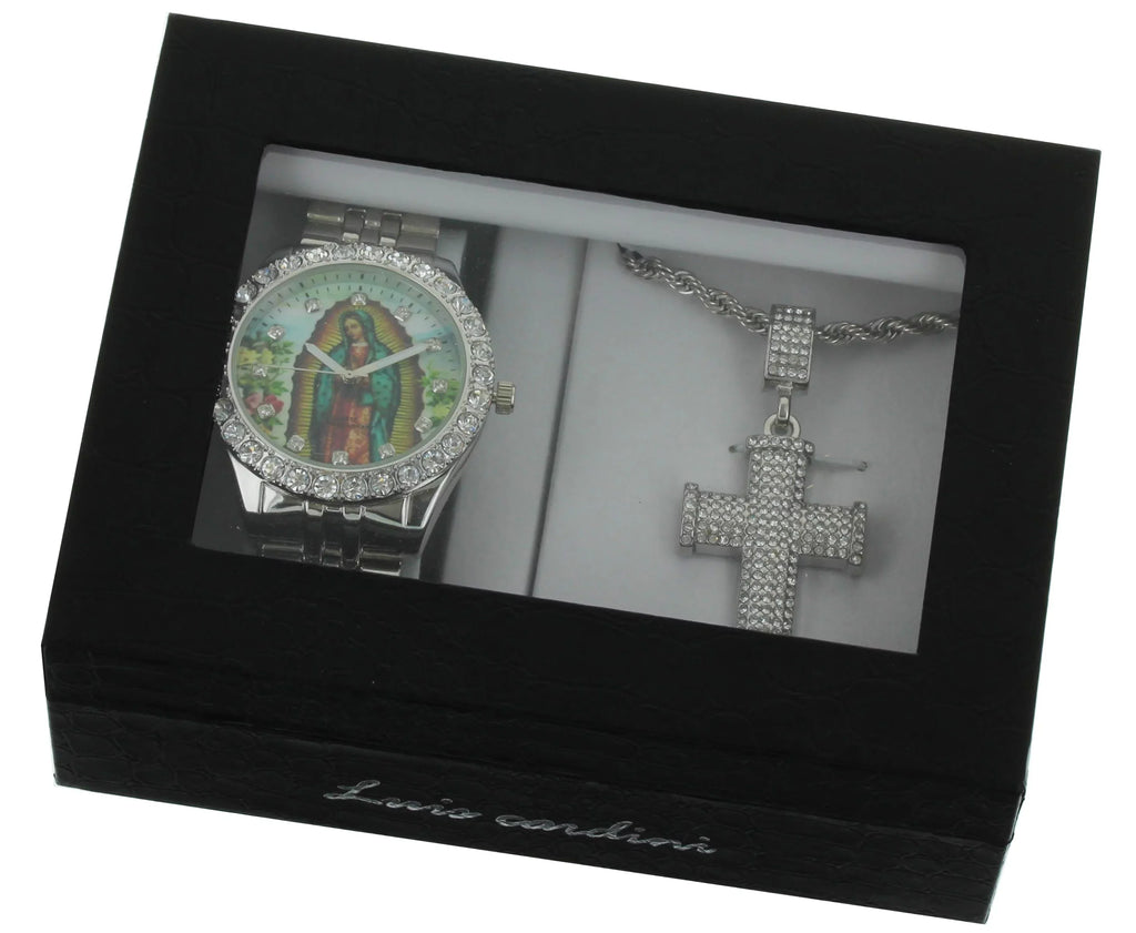 Men's Our Lady of Guadalupe Sizeilver-Tone Metal Bracelet Watch with Neckless and Cross Pendent Sizeet