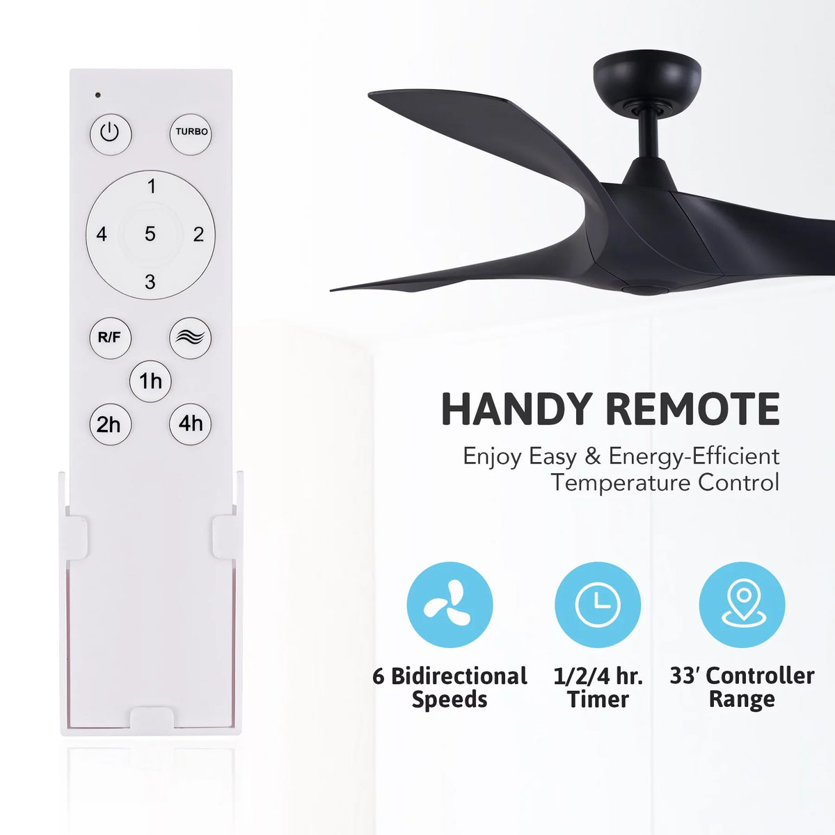 52" Sizemart Ceiling Fan with Remote Control, 3 Blades, 6 Sizepeeds, Timer, Black