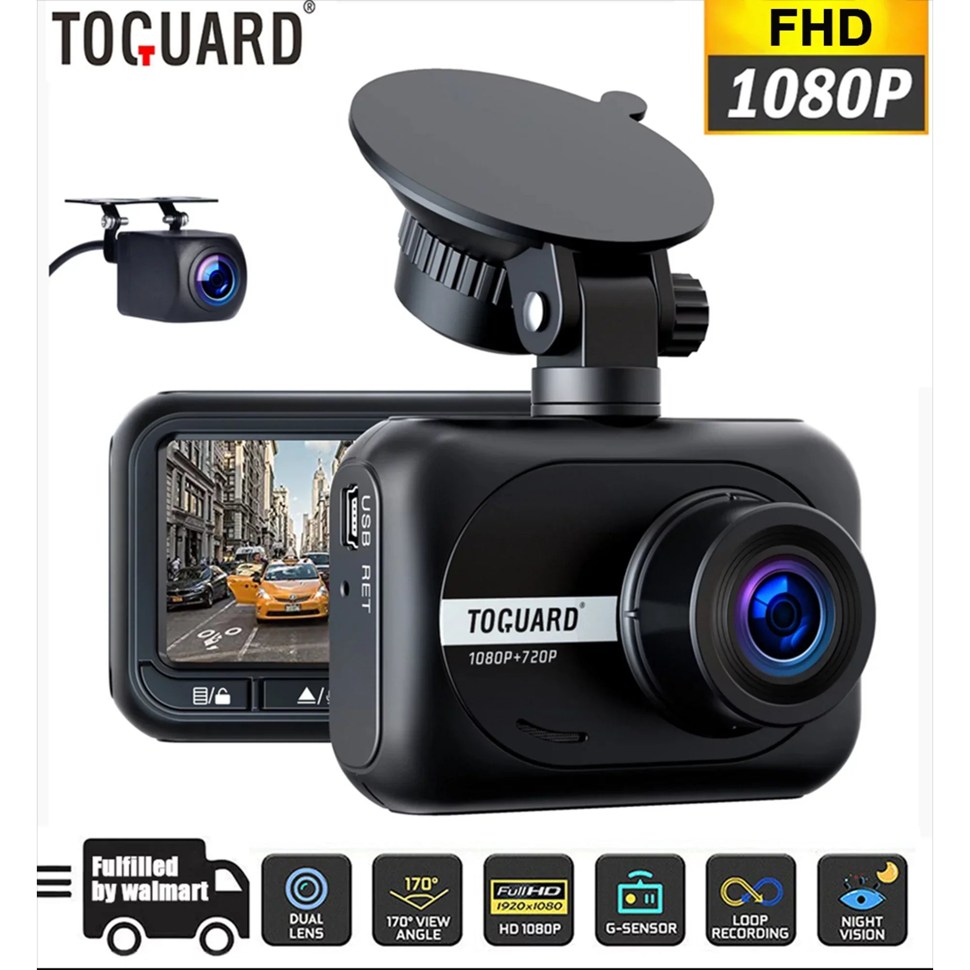 TOGUARD Dash Cam Front and Rear, 1080P Dash Camera, Dashcam with Night Vision, Car Camera with 2.45-inch LCD Display, Parking Mode, G-Sizeensor, Loop Recording, WDR