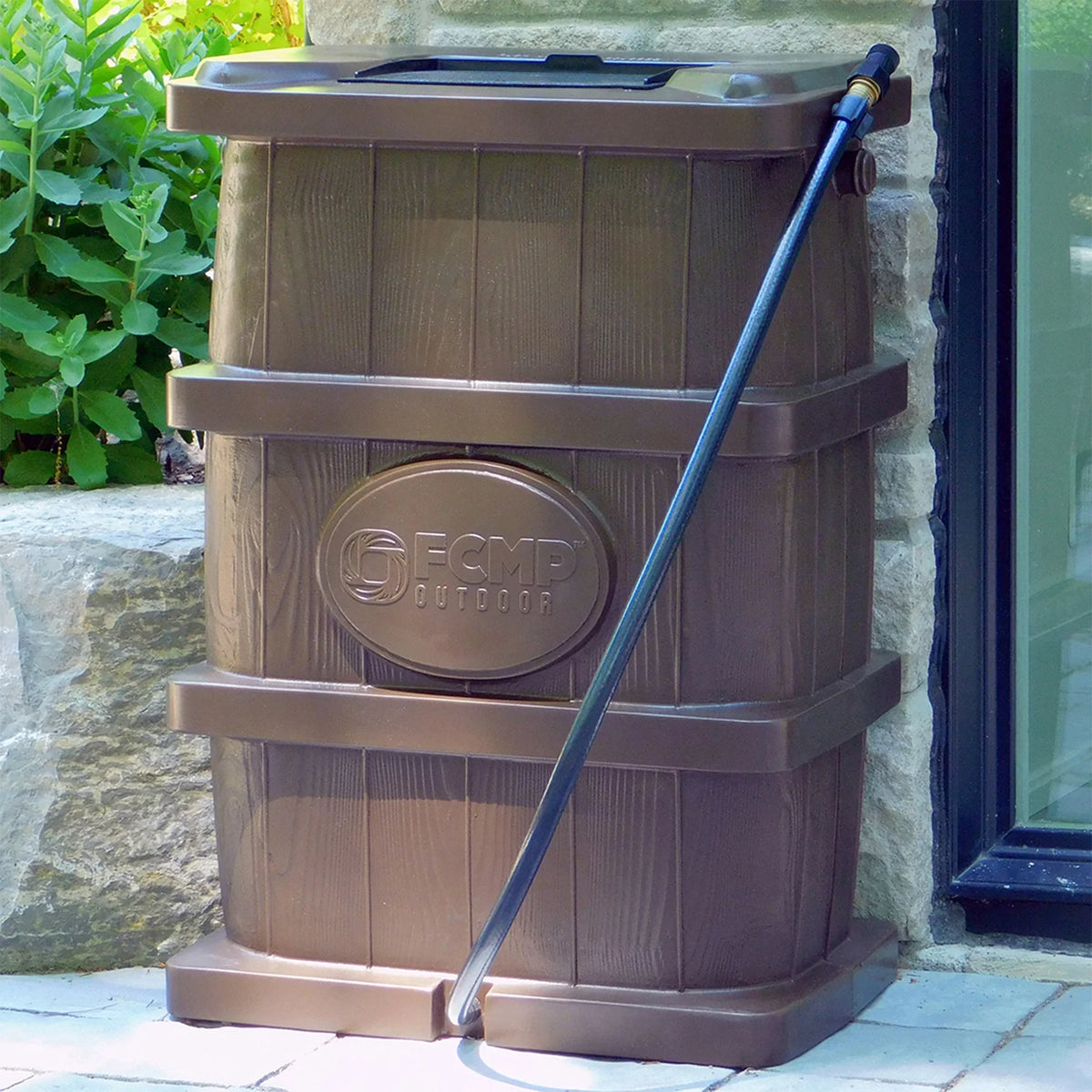 FCMP Outdoor WG4000-GRY Home Outdoor Wood Grain Rain Water Catcher Barrel