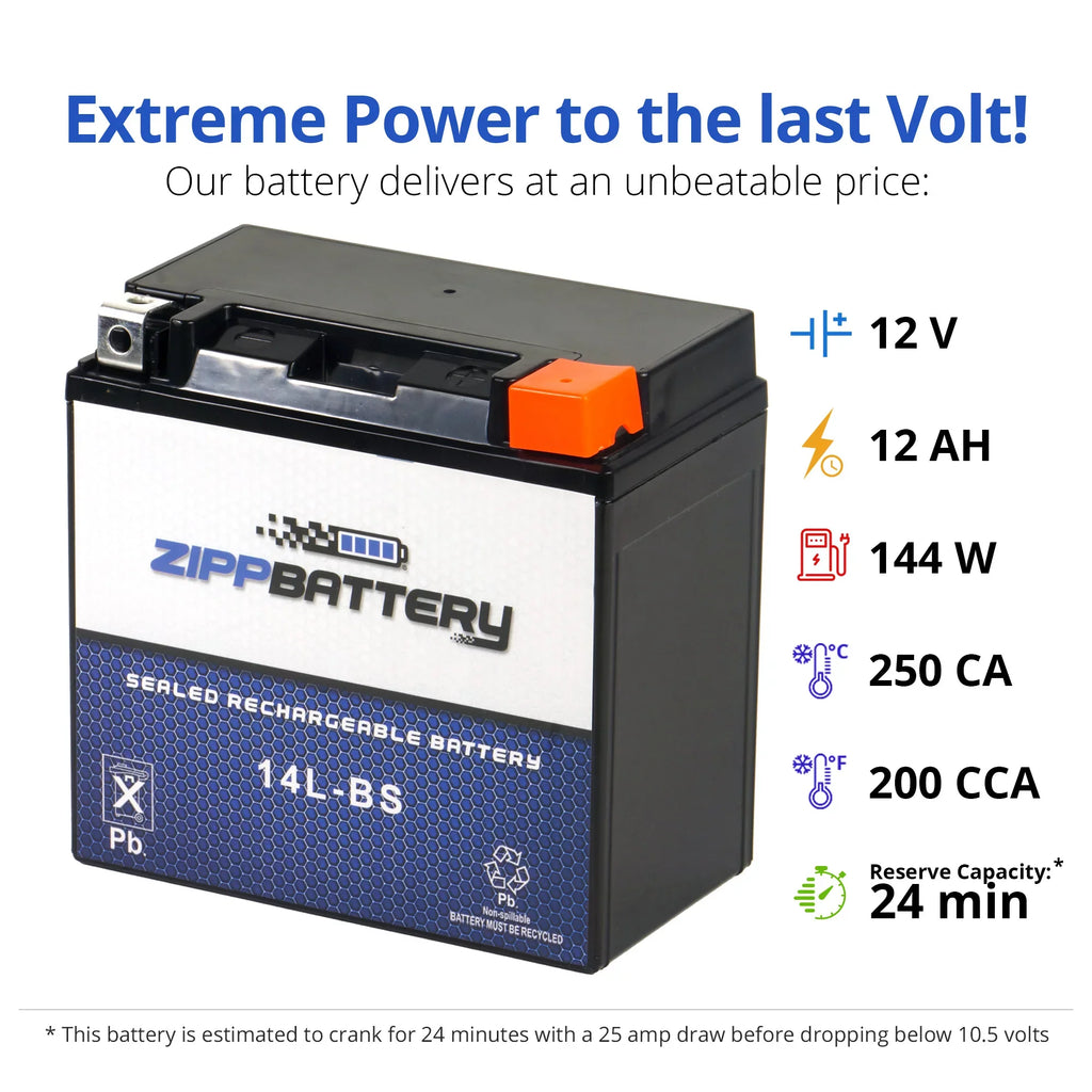 Zipp Battery Ytx14l-bs (14l-bs 12 Volts,12 Ah, 200 Cca) Motorcycle Battery for Harley-davidson 1200cc Xl Xlh Sizeportster 2007