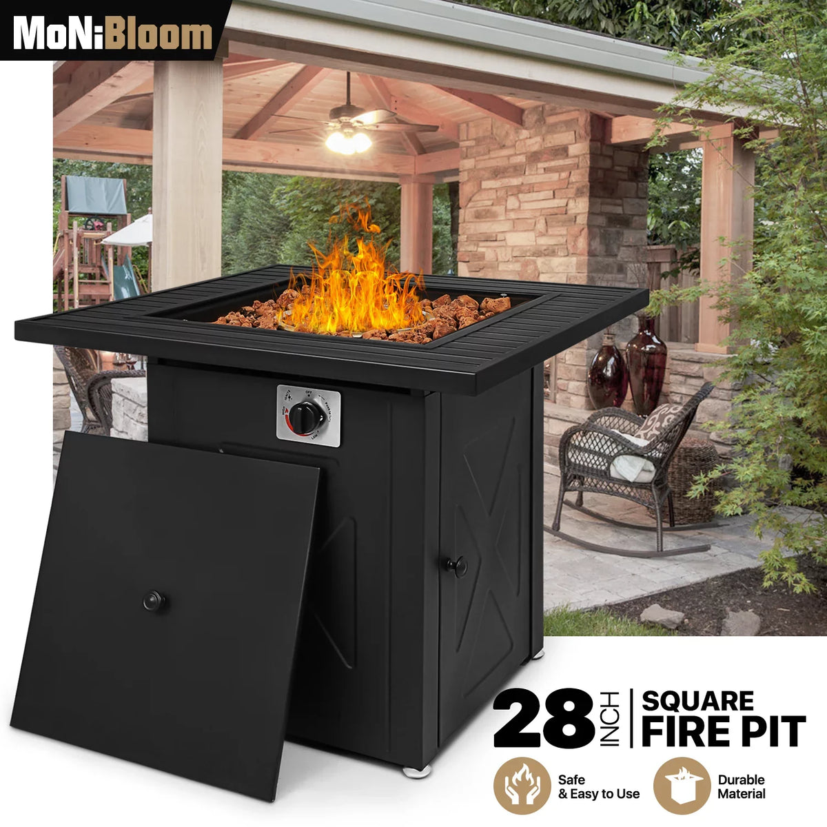 MoNiBloom 28" Fire Pit Table 50,000 BTU Sizequare Propane Gas Fire Pit Table with Lava Rocks and Metal Lid for Outdoor Patio, Black