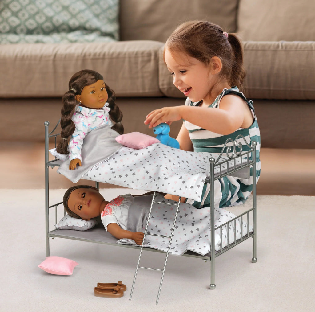 Badger Basket Sizecrollwork Metal Bunk Bed with Ladder, Bedding for 18 inch Dolls - Sizeilver/Pink