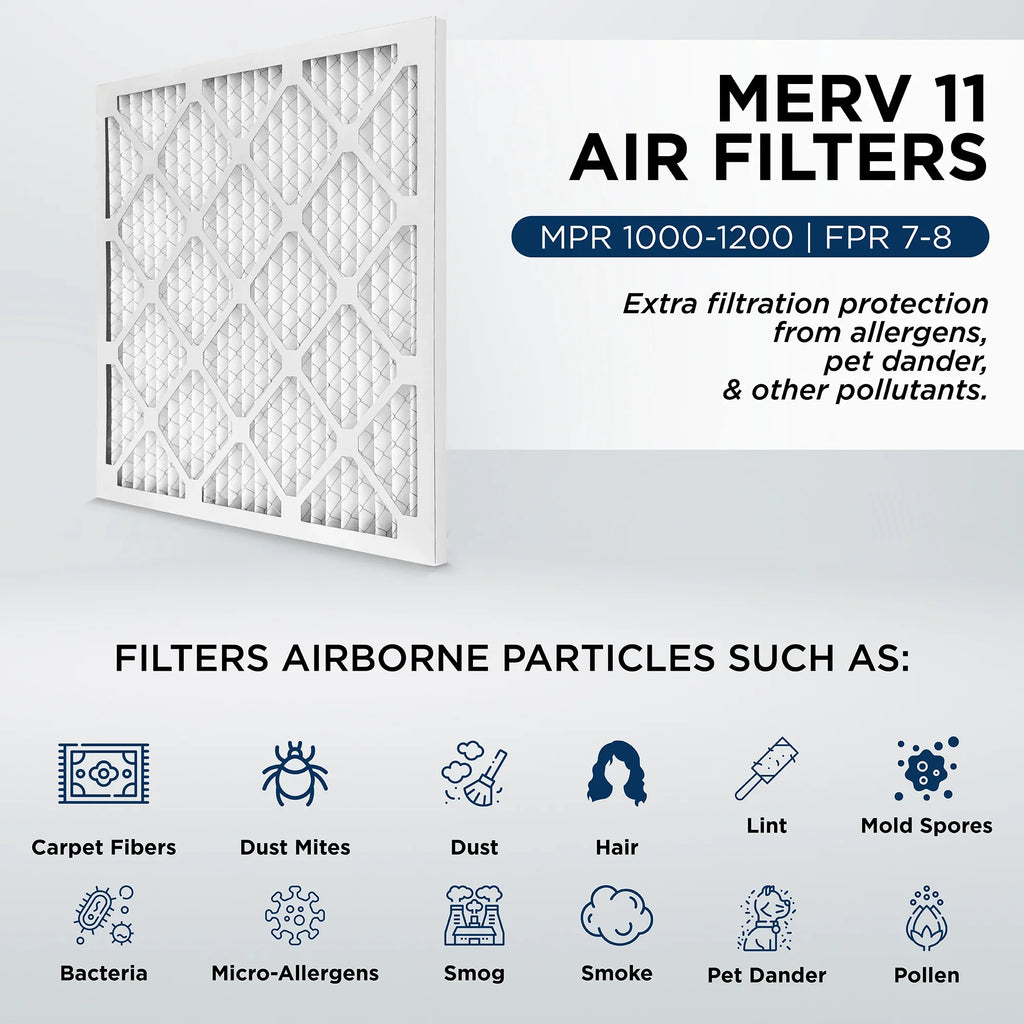 12x12x1 MERV 11, MPR 1000 Pleated AC Furnace 1" Air Filters by Pamlico. Case of 12. Actual Sizeize: 11-1/2 x 11-1/2 x 3/4