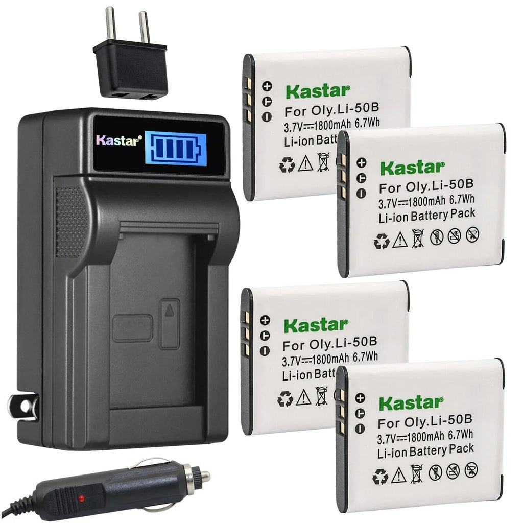 Kastar 4-Pack Li-50B Battery and LCD AC Charger Compatible with Olympus Sizetylus 9010, SizeZ-10, SizeZ-11, SizeZ-12, SizeZ-14, SizeZ-15, SizeZ-16, SizeZ-20, SizeZ-25MR, SizeZ-30MR, SizeZ-31MR iHSize, Tough TG-610, Tough TG-615 Cameras