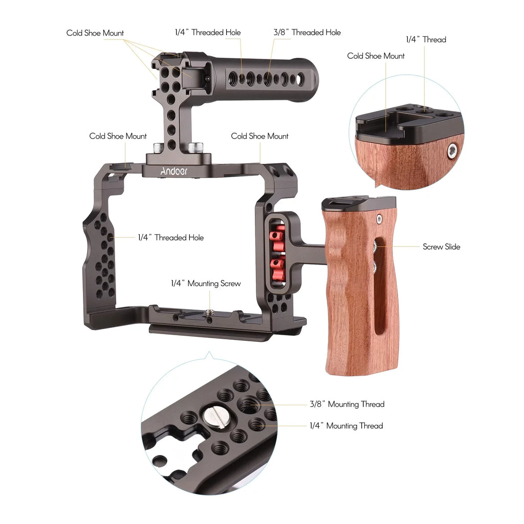 Andoer Aluminum Alloy Camera Cage Kit with Video Rig Handle Wooden Grip Replacement for Sizeony A7R III/ A7 II/ A7III