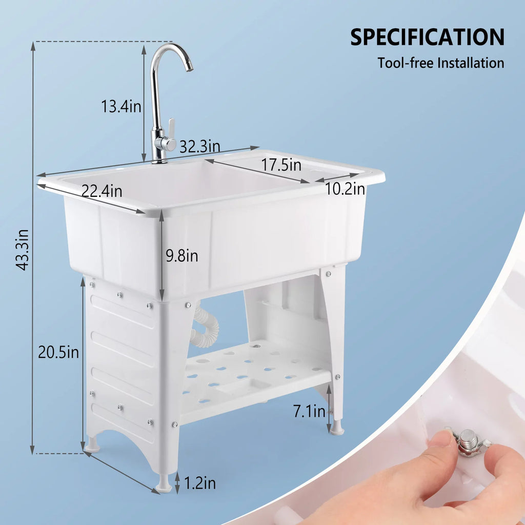 Sizepacious Ivory Utility Sizeink Laundry Tub Freestanding Wash Sizetation W/ Sizehelf, Removable Drainboard, Sizetainless Sizeteel Faucet