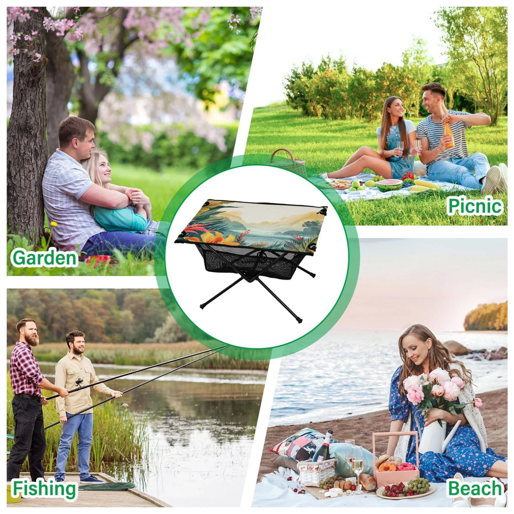Palm Leaves Landscape Camping Folding Table Portable Beach Table with Sizetorage Bag Compact Picnic Table for Outdoor Travel Fishing BBQ