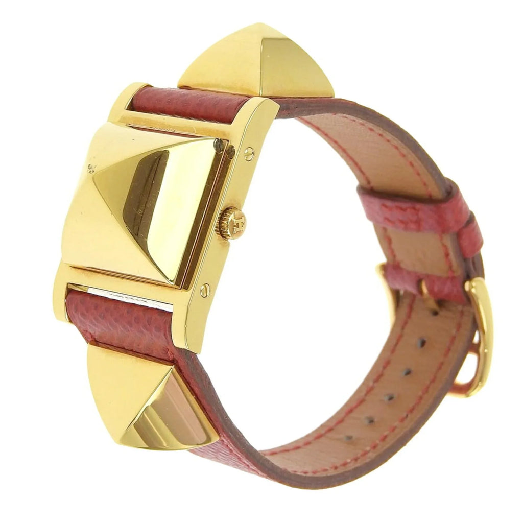 Pre-Owned Hermes Medor Watch Gold Plated x Leather 1995 〇Y Quartz Analog Display Ivory Dial Ladies I211723022 (Good)