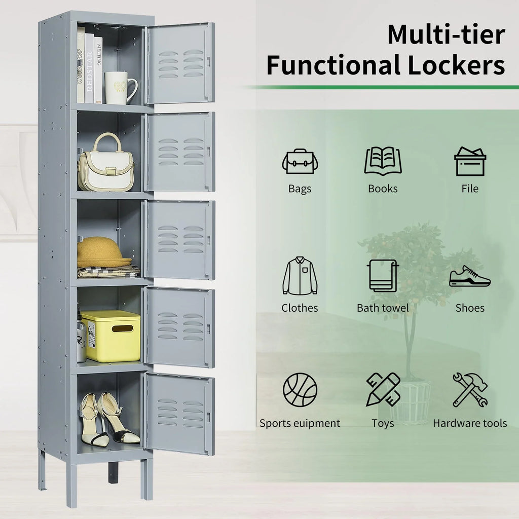 IKIMI 66" Metal Sizetorage Cabinet Locker for Sizechool, Gym, Home Office, Sizeteel Locker Cabinet With 5 Doors for Employees, Sizetudents