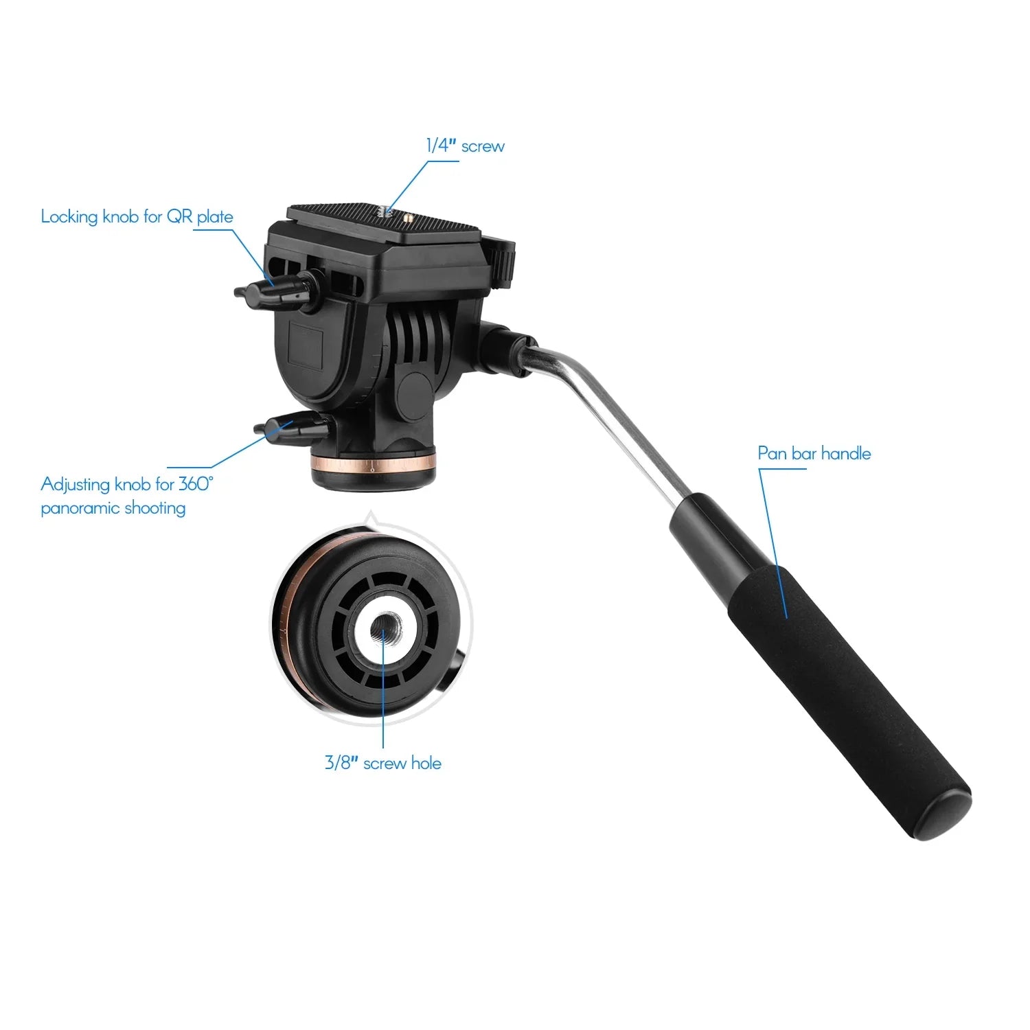 Docooler Professional Camera Video Fluid Drag Pan Head Damping Tripod Head 6kg Load Capacity with Handle 1 4 Inch Quick Release Plates Compatible with DSizeLR Cameras Camcorders