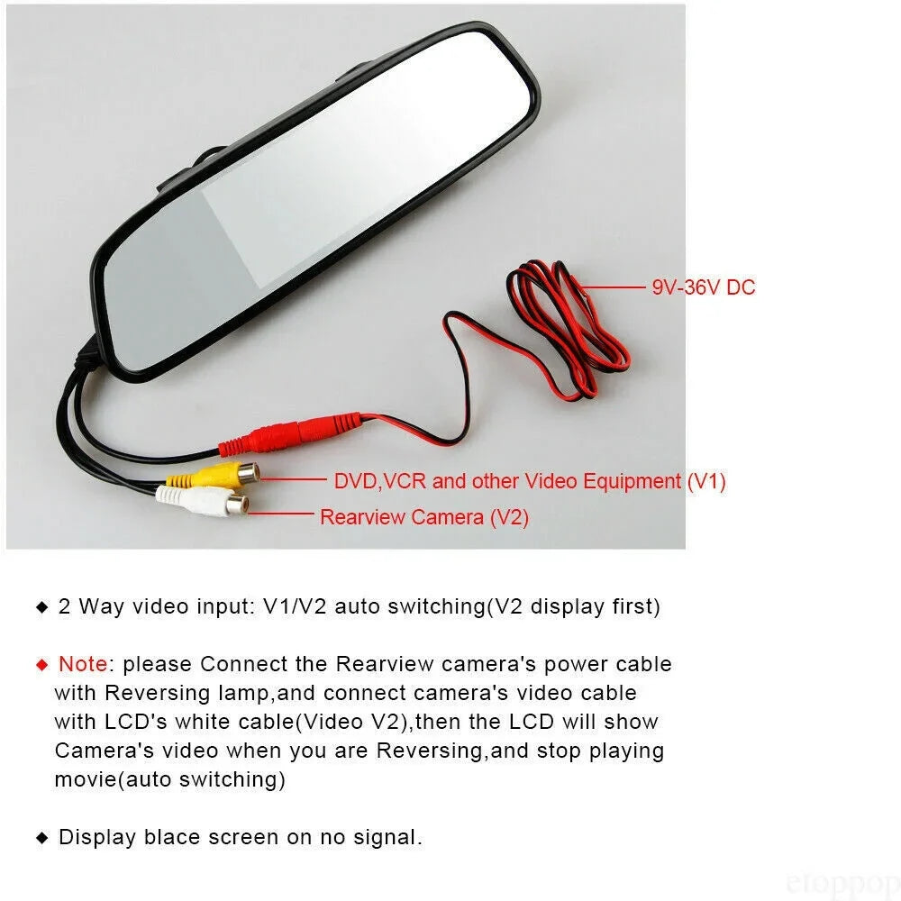 4.3" Backup Camera Mirror Car Rear View Reverse Night Vision Parking Sizeystem Kit