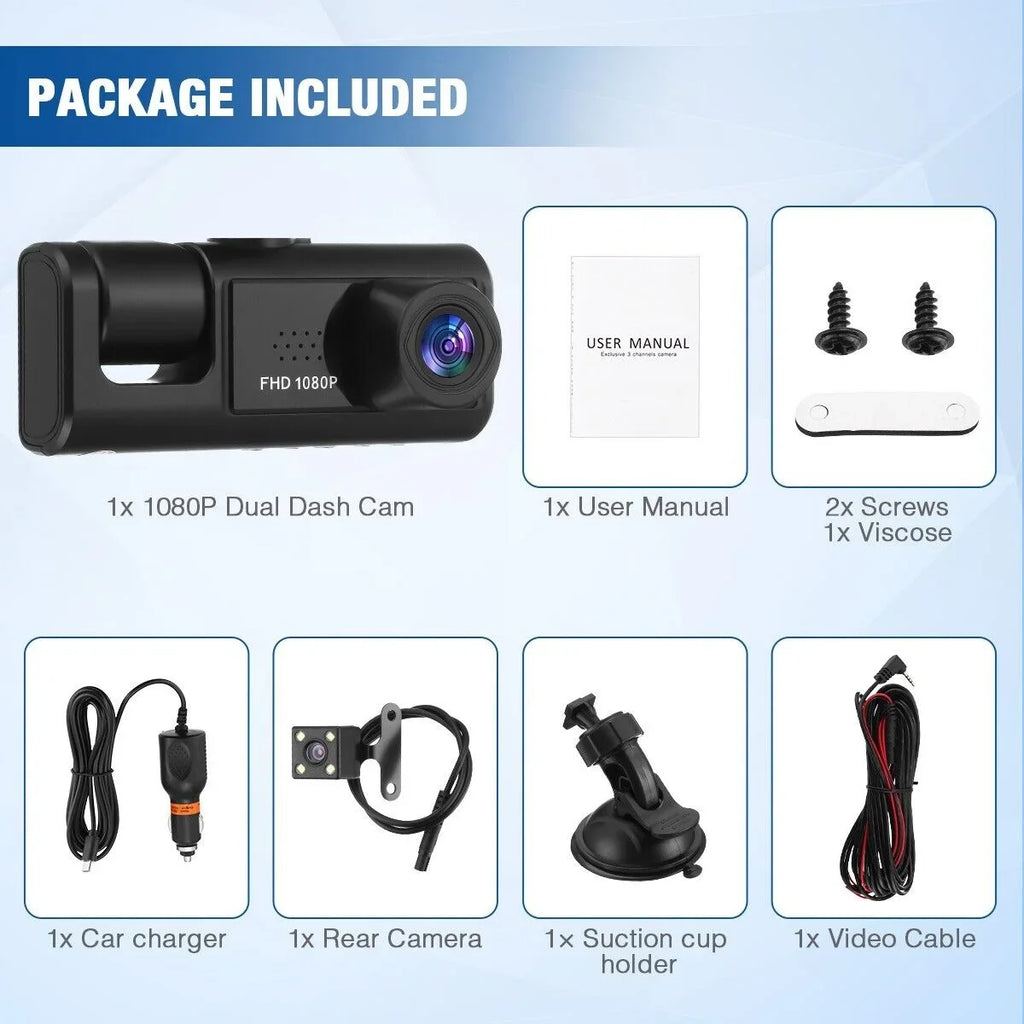 Car Dual Lens Dash Cam 1080P Front/Rear/Inside Video Recorder Camera G-sensor