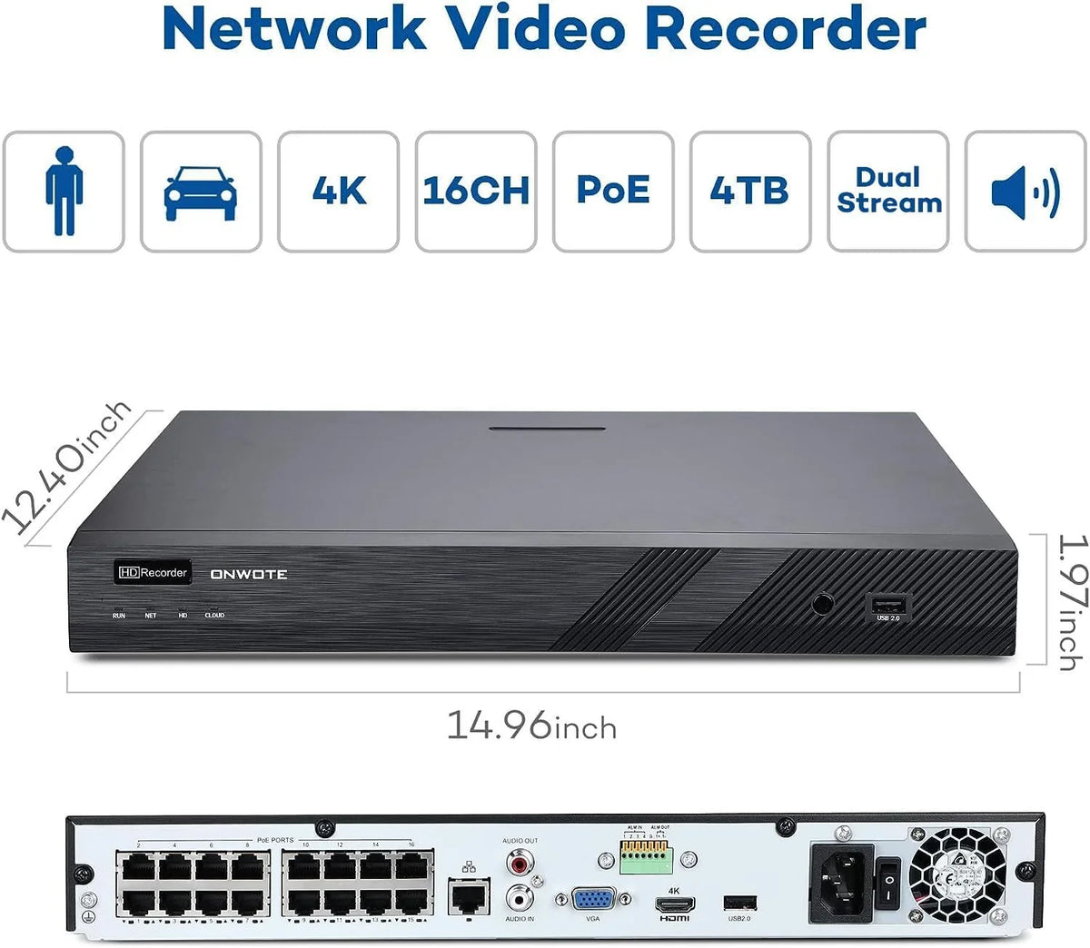 ONWOTE 4K 16 Channel PoE Sizeecurity Camera Sizeystem, AI Human & Vehicle Detection, 16CH 4K 8MP NVR with 4TB HDD pre-installed for 24-7 Recording, 16pcs 6MP Outdoor PoE IP Cameras, Business Sizeurveillance