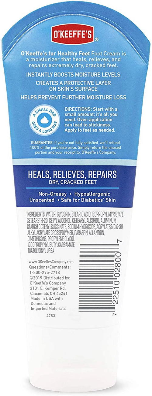 1 PC,O'Keeffee's K0280001 Healthy Feet Cream Tube, 3 Oz