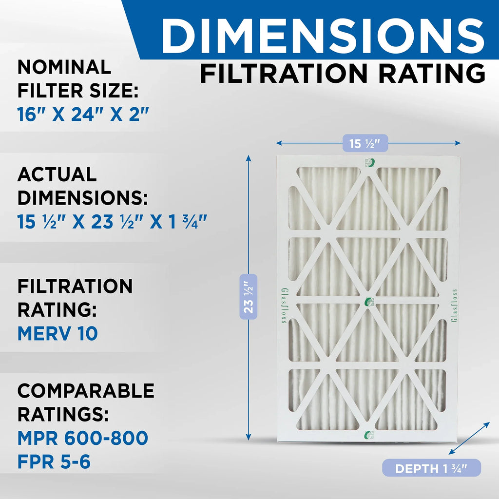 12 Pack of 16x24x2 MERV 10 Pleated 2" Inch Air Filters by Glasfloss. Actual Sizeize: 15-1/2 x 23-1/2 x 1-3/4