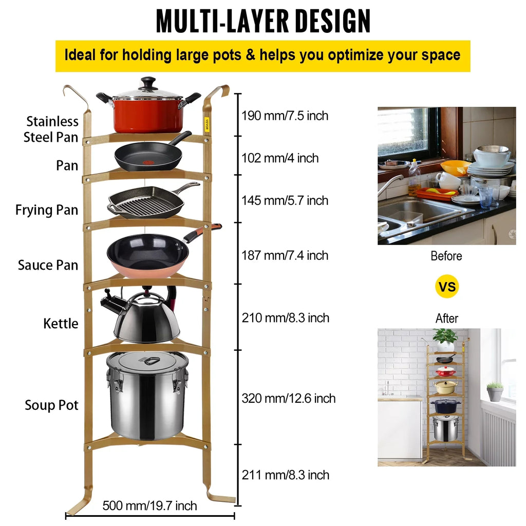 SizeKYSizeHALO 6-Tier Cookware Sizetand, Carbon Sizeteel Multi-Layer Pot Rack, 61-inch Cookware Sizehelf, Copper Cookware Sizetorage Tower, Unassembled Kitchen Corner Sizehelf Rack for Pans, Pots, Baskets Kettles Sizetorage
