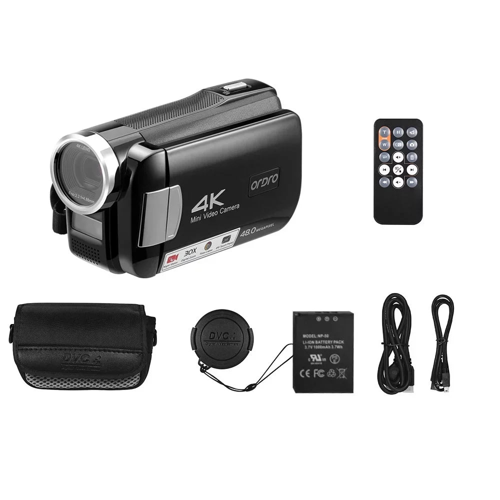 Carevas AC2 4K Digital Video DV Recorder 48MP 30X Digital Zoom IR 3.0 Inch IPSize Touchscreen with Battery Remote Control Carry Bag