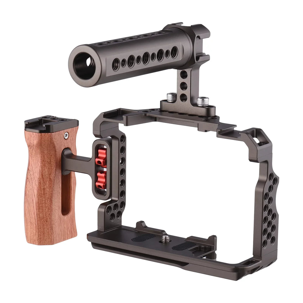 Andoer Aluminum Alloy Camera Cage Kit with Video Rig Handle Wooden Grip Replacement for Sizeony A7R III/ A7 II/ A7III