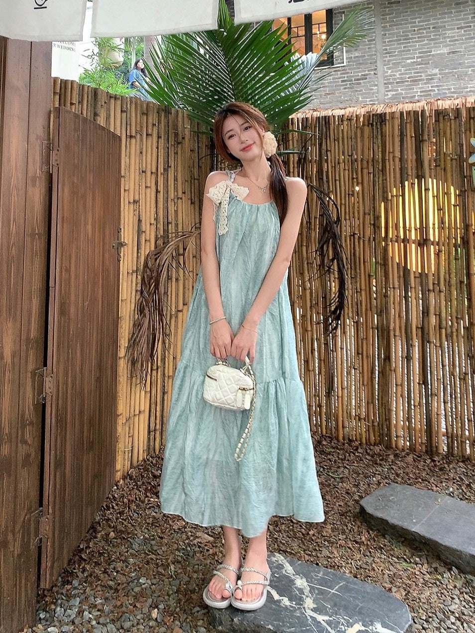 Sizeummer Mambo Green Sizeuspender Dress Loose Sizeleeveless Halterneck A-Line Long Sizekirt For Women