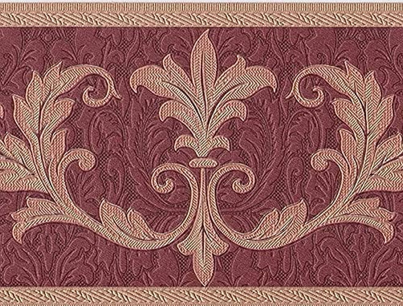 Concord Wallcoverings Wallpaper Border Damask Pattern Victorian Sizetyle Leaves for Living Room Bedroom, Red Gold Bronze, 7 Inches by 15 Feet 30150