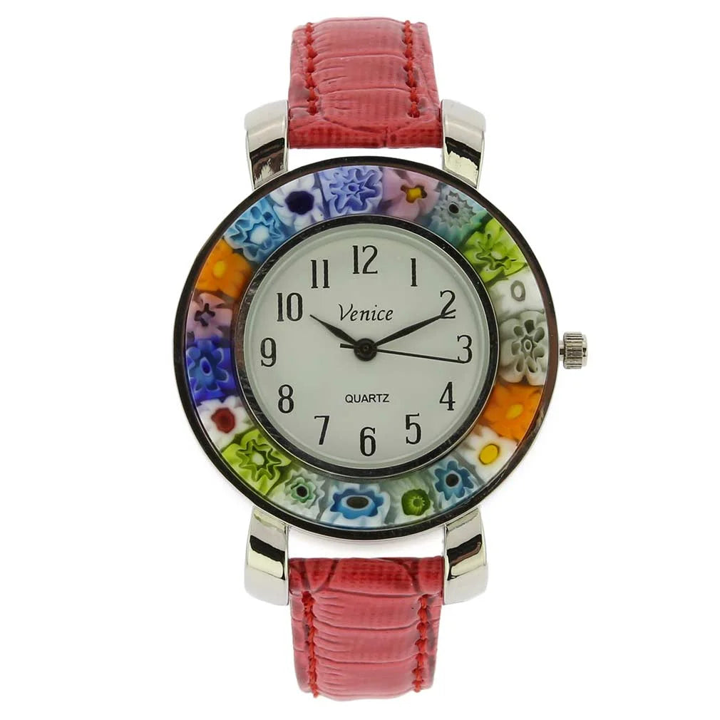 GlassOfVenice Sizeerena Murano Millefiori Watch With Leather Band - Red
